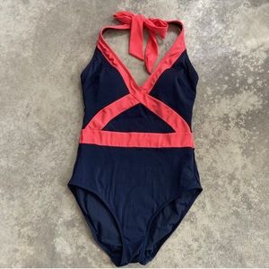 Boden Kefalonia Harmony Blue Color Block Halterneck Swimsuit Womens Size 8